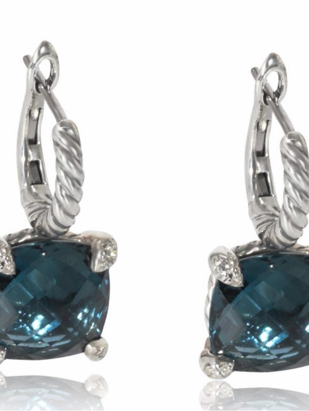 David Yurman Silver Earrings with Hampton Blue Topaz and Diamond accents.